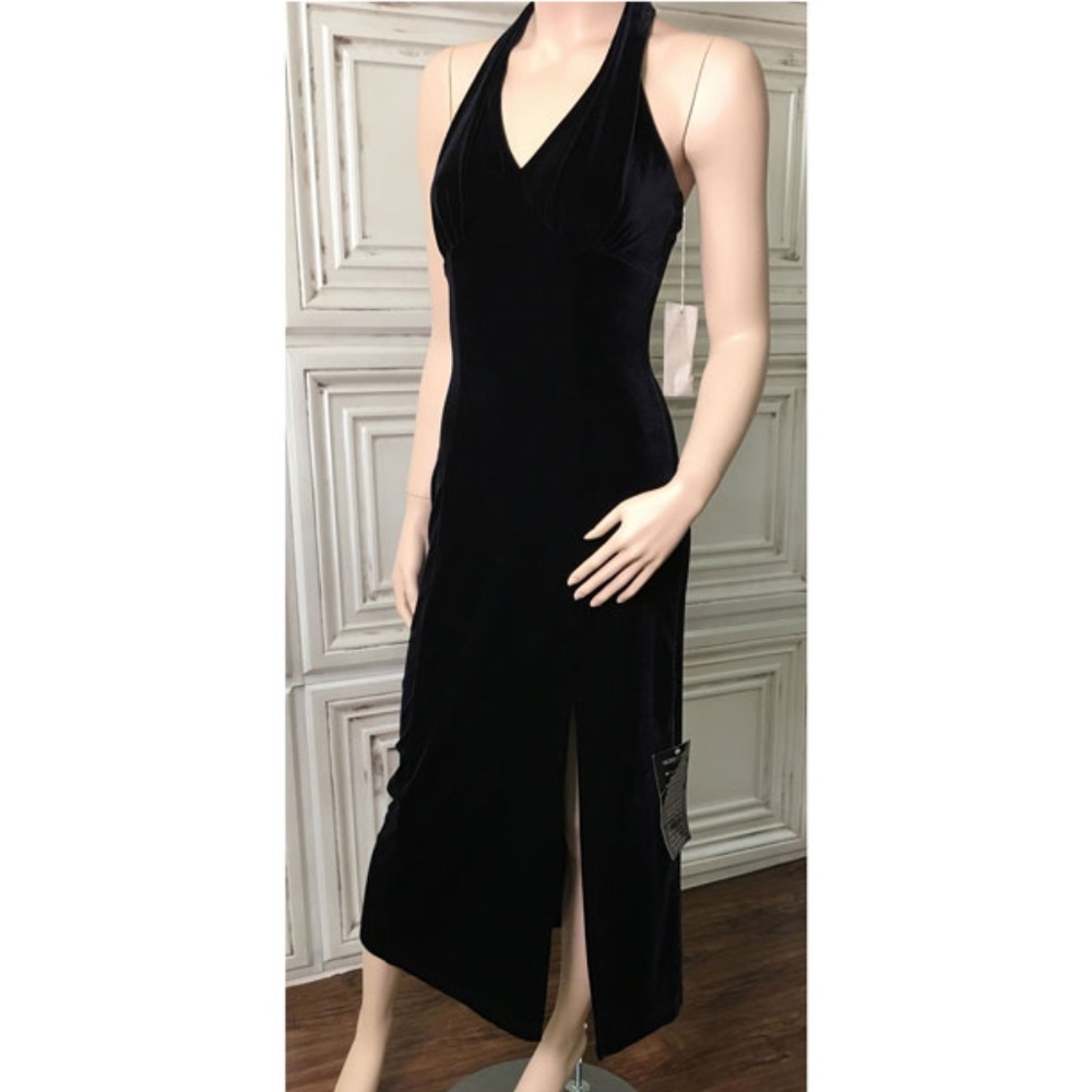 Size XS VS Stretch Velvet Black Long Halter Dress
